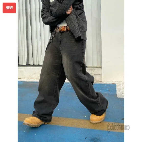 Men's Baggy Hip Hop Jeans Wide Leg Skater Denim Pants Loose Fit